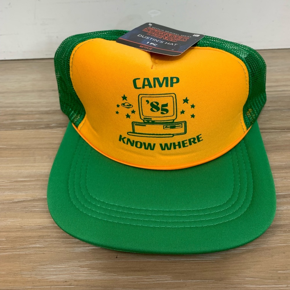 Stranger Things Dustin Camp Nowhere Yellow Green Mesh Trucker Hat